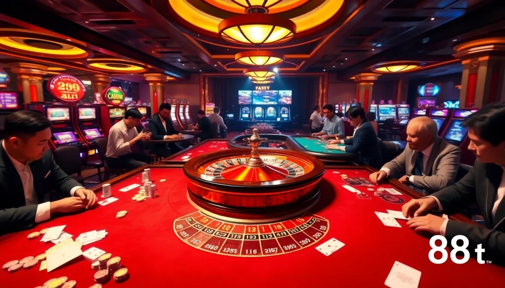 Exciting casino scene showcasing dynamic players using 88t poker chips at roulette and card tables.
