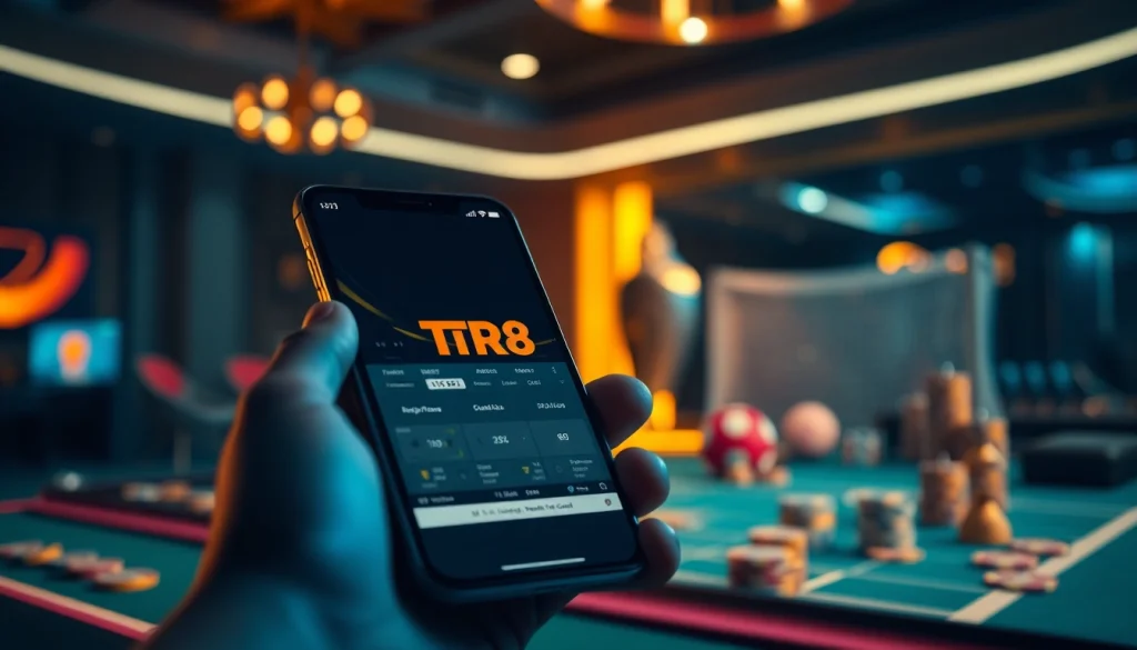 TR88 online betting platform displayed on a smartphone in a luxurious gaming environment.