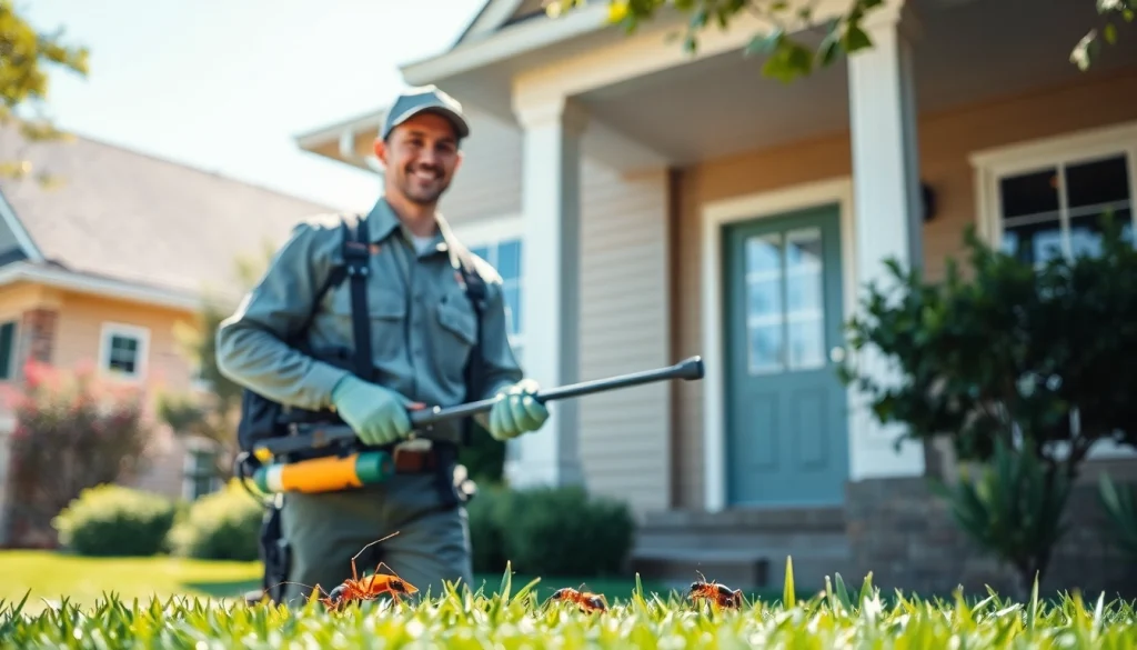 Pest control service in Oklahoma City with a technician treating a home for pests.