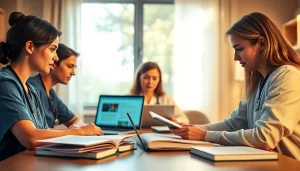 Students researching online nursing papers with textbooks and a laptop.