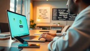 在现代办公室的笔记本电脑上使用 WhatsApp网页版，展示高效工作。