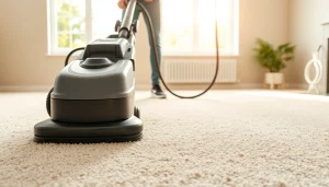 Carpet cleaning Roseville CA technician professionally cleaning light carpets in a bright room.