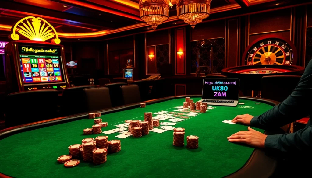 Experience thrilling gameplay at https://uk88.za.com/ with poker, slots, and roulette in a vibrant casino scene.