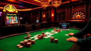 Experience thrilling gameplay at https://uk88.za.com/ with poker, slots, and roulette in a vibrant casino scene.