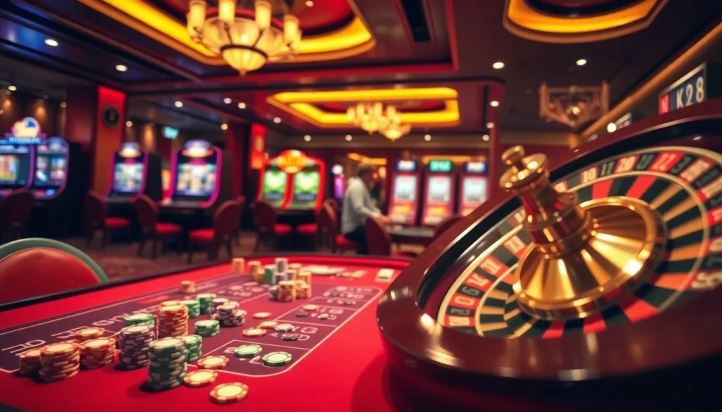 Exciting poker game action featuring NK88-themed chips and casino tables.