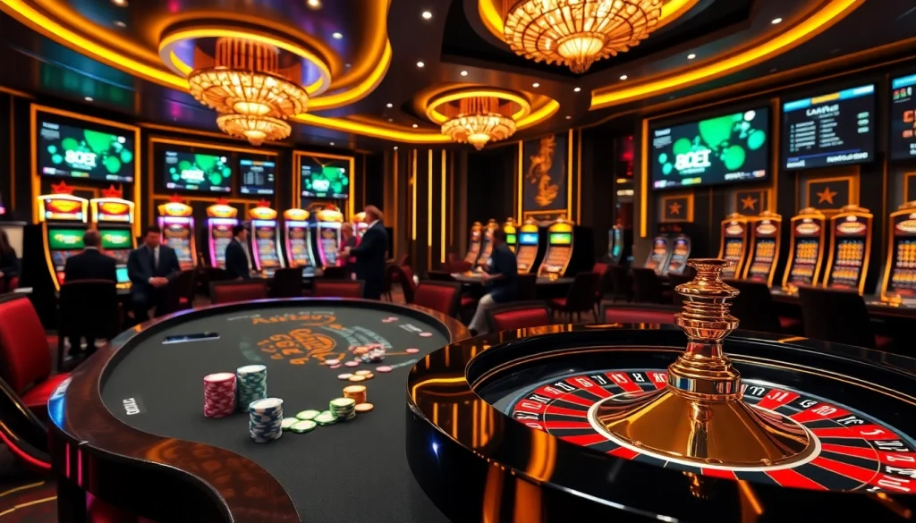 Dynamic casino scene with professionals playing poker and showcasing thrilling 8qbet gaming environments.
