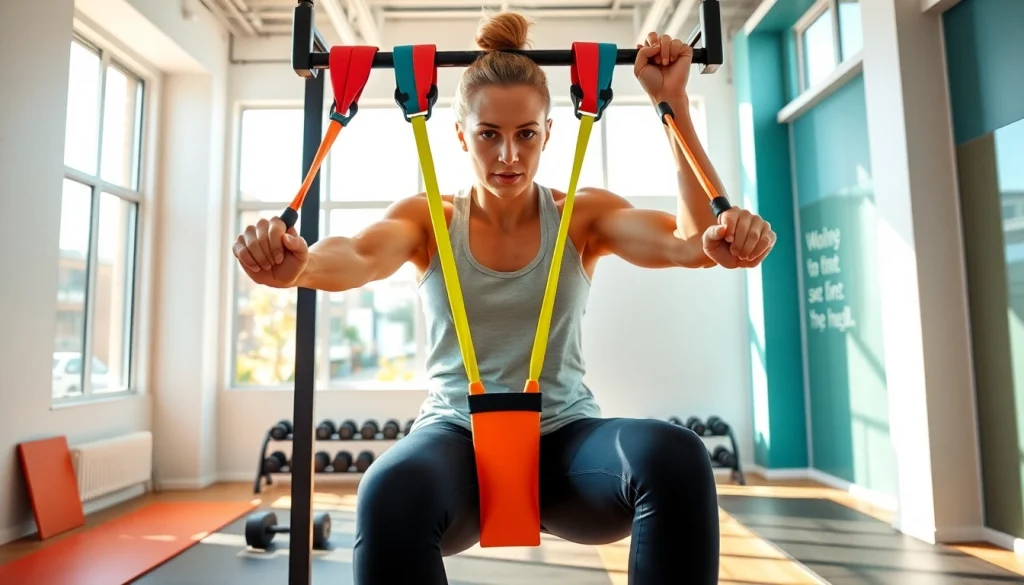 Demonstration of assisted pull-up bands in a vibrant gym setting.