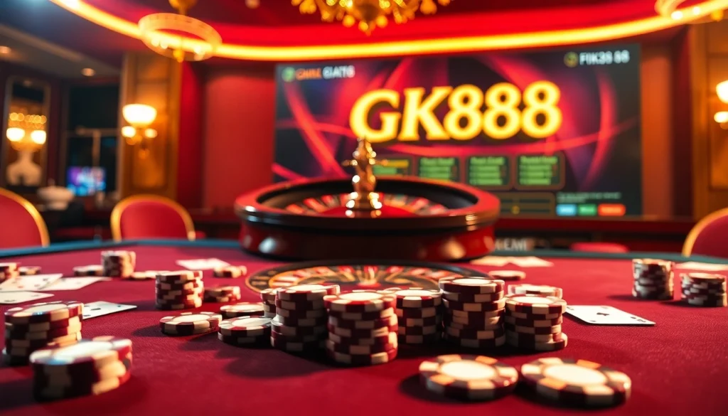 Engage with the thrilling GK88 casino experience featuring roulette, chips, and cards in a luxury setting.