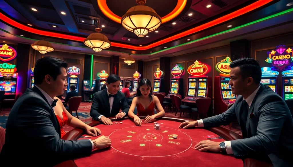 Exciting QQ88 casino gameplay with colorful tables and engaged players in a luxurious setting.