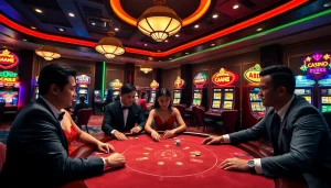 Exciting QQ88 casino gameplay with colorful tables and engaged players in a luxurious setting.
