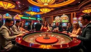 Players experiencing the oxplay thrill at a luxurious casino table with vibrant slot machines.
