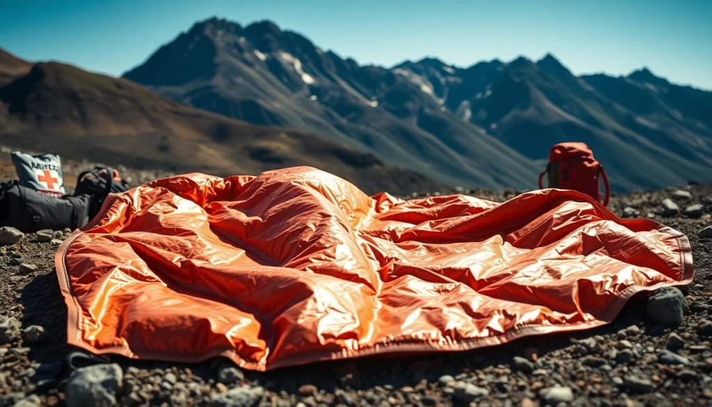 Emergency blanket showcased outdoors, reflecting sunlight and surrounded by camping gear.