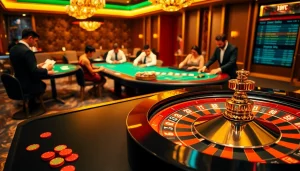 Experience the excitement of keonhacai with vibrant casino visuals featuring roulette and poker games.