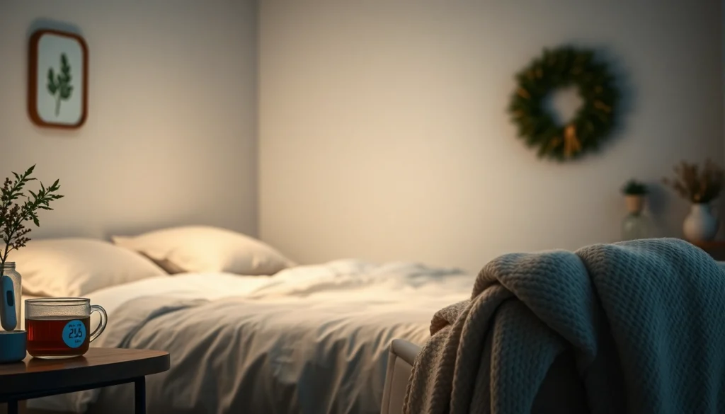 安らかな寝室のイラストが、風邪 一晩で治す方法を示し、癒しを促す落ち着いた要素を添えています。
