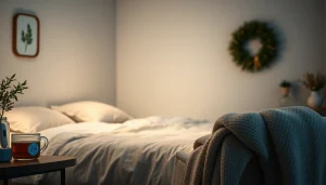 安らかな寝室のイラストが、風邪 一晩で治す方法を示し、癒しを促す落ち着いた要素を添えています。