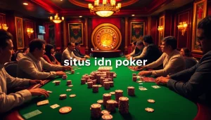 Pemain menikmati aksi di meja situs idn poker dengan chip dan kartu berwarna-warni di setting kasino yang mewah.