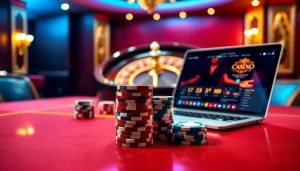 Atmosphère de casino en ligne avec des jetons de poker, des cartes et des éléments de jeu interactifs.