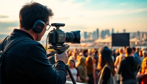 Engaging shot of an edmonton videographer capturing moments at an outdoor event.