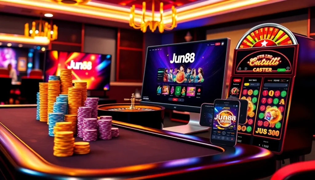 Engage in the thrilling world of Jun88's online gambling with vibrant casino elements.