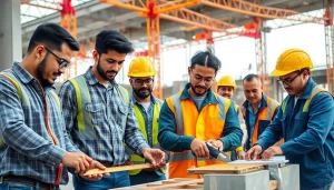 Engaged construction apprenticeship trainees learning hands-on skills on a busy site.