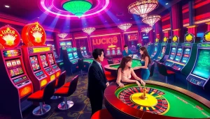 Experience the thrill of LUCK8 casino with vibrant tables, slot machines, and excited players.