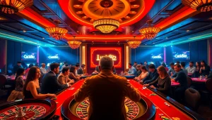 A group of players enjoying the excitement of roulette at https://luck882.co.com/, evoking luxury and thrill in a vibrant casino atmosphere.
