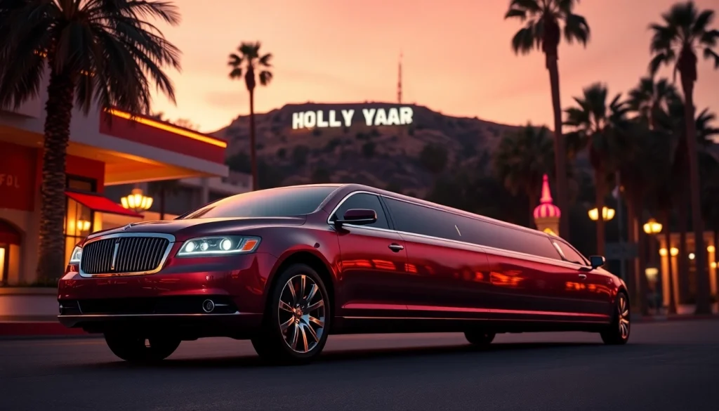 Luxurious LA limo offering premium transportation services in Los Angeles with Hollywood backdrop.