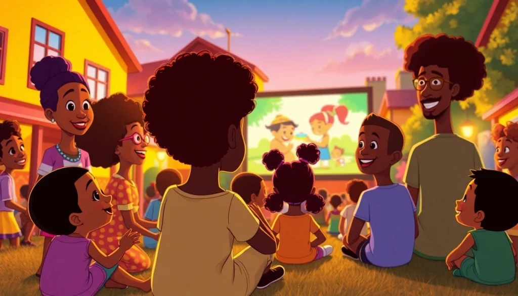 A lively community scene celebrating African American Cartoons with children enjoying animated shows, radiating joy and diversity.