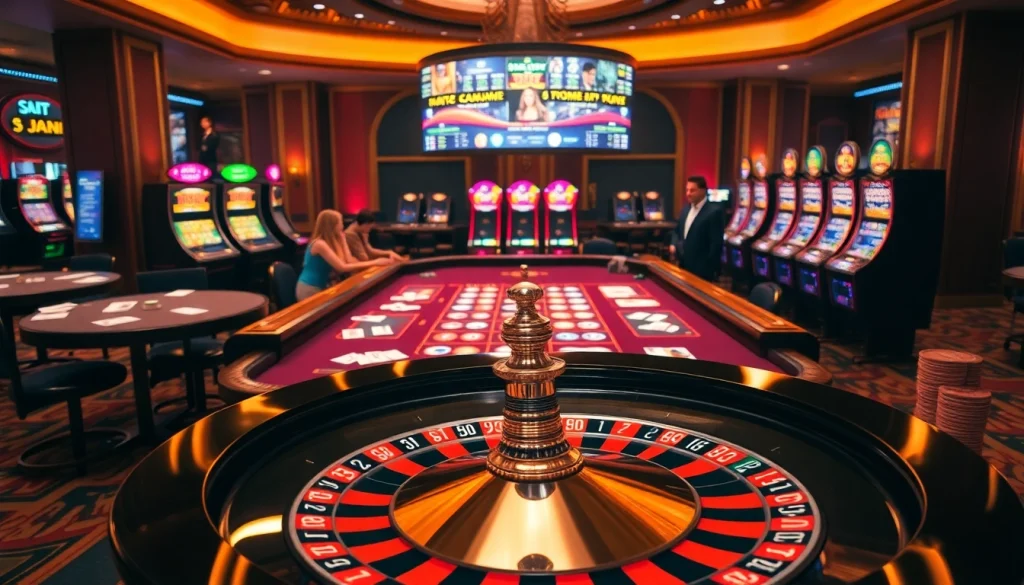 Engage in an exhilarating 98win bet experience at a vibrant casino filled with roulette and poker tables.
