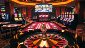 Engage in an exhilarating 98win bet experience at a vibrant casino filled with roulette and poker tables.