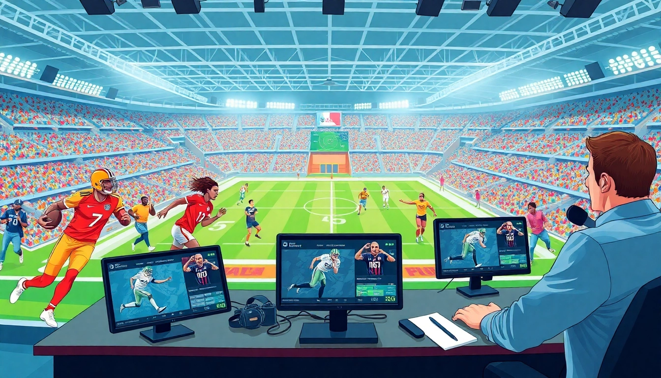 스포츠중계에서 다채로운 경기 모습과 코멘터가 함께하는 역동적인 장면