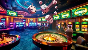 RR88 casino scene featuring vibrant gaming elements, poker tables, and slot machines.