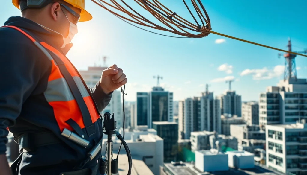 Performing electrical service maintenance, a professional electrician ensures safety on a rooftop.