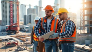 A dynamic scene of a construction association at work, featuring teamwork and tools on a building site.