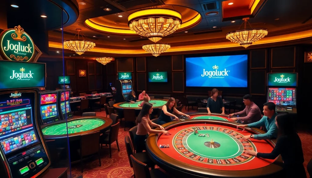 Players enjoy thrilling games at Jogoluck casino, surrounded by luxury and excitement.