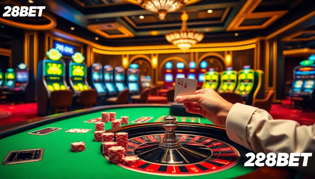 Experience high-stakes gameplay at 28BET casino with exciting blackjack and colorful poker chips.