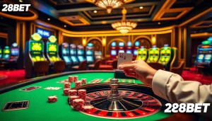 Experience high-stakes gameplay at 28BET casino with exciting blackjack and colorful poker chips.
