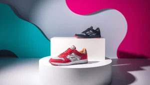 트렌디한 레플리카 스니커즈가 보이는 미니멀리스트 플랫폼과 역동적인 배경.