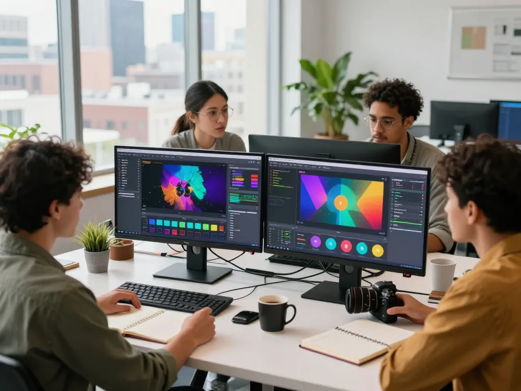 Collaborative tech workspace where a team uses video to prompt AI tools to create engaging content.