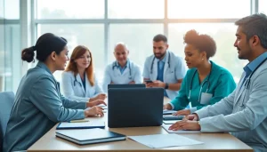 Health professionals collaborating on cqm certification in a bright meeting room.