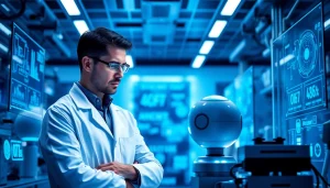 Image to prompt of a scientist in a futuristic lab with a hovering robot assistant and advanced technology.