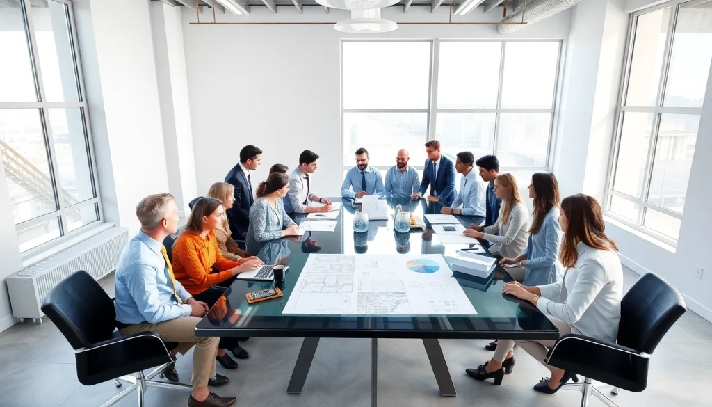 Engaged professionals at a construction association meeting analyzing plans in a bright, modern office.