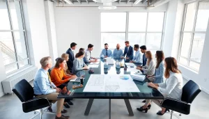 Engaged professionals at a construction association meeting analyzing plans in a bright, modern office.