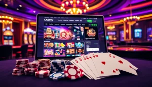Vivez des sensations fortes dans un casino en ligne dynamique avec des jetons de poker, des cartes et un ordinateur portable élégant.