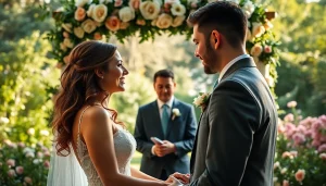 Wedding photographer captures a couple's emotional vows in a beautiful garden setting.