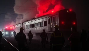 Spain train crash scene with emergency responders assessing the wreckage.