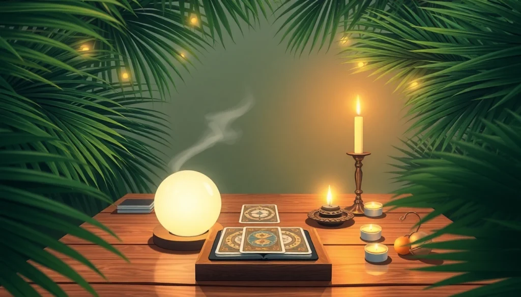 クリスタルボールとタロットカードを使った電話占い当たるのための魅力的な占いセッティング。