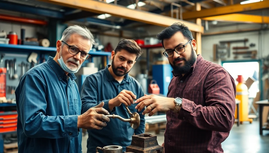 Skilled artisans engaged in custom metal fabrication in a dynamic workshop environment.