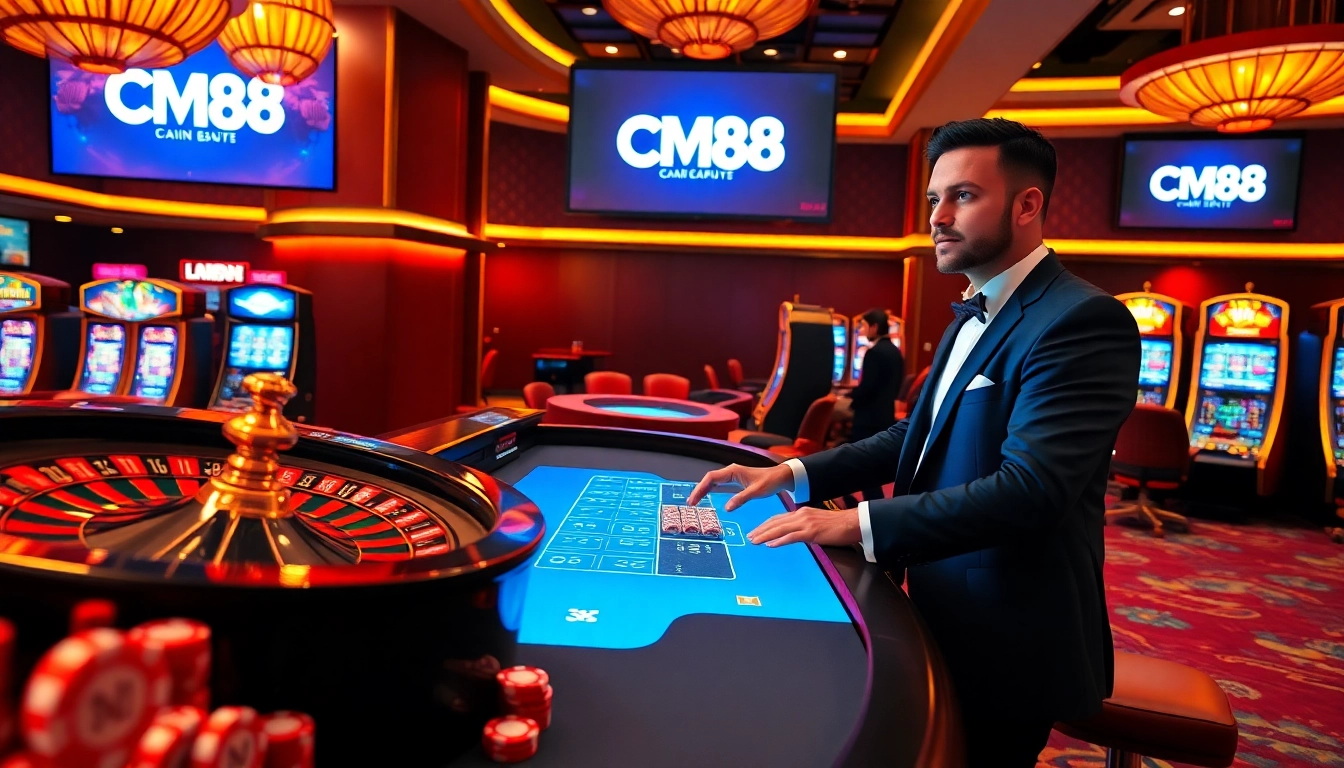 Exciting online gambling scene featuring CM88 logo with roulette, poker chips, and neon slot machines.