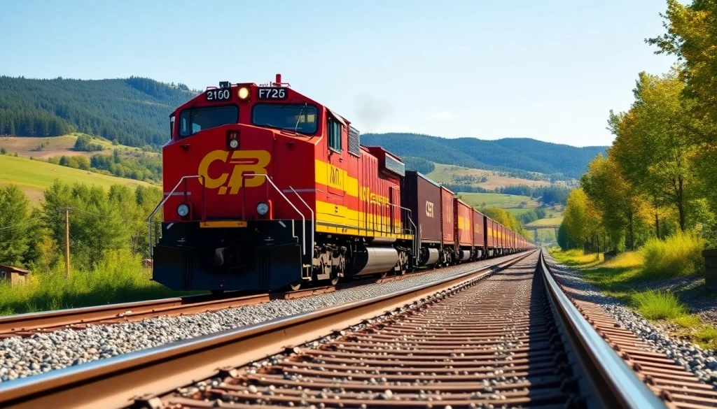 Showcasing efficient North American rail services, a freight train travels through a vibrant landscape.